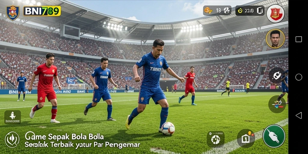 Tangkapan layar gameplay BNI789 yang menampilkan aksi sepak bola seru.