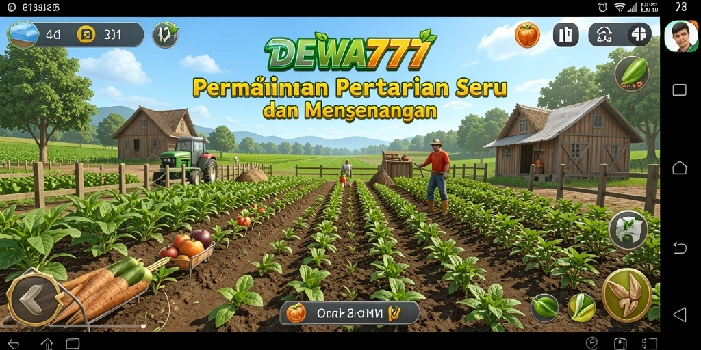 Tampilan gameplay DEWA777 dengan ladang yang subur dan beragam tanaman.