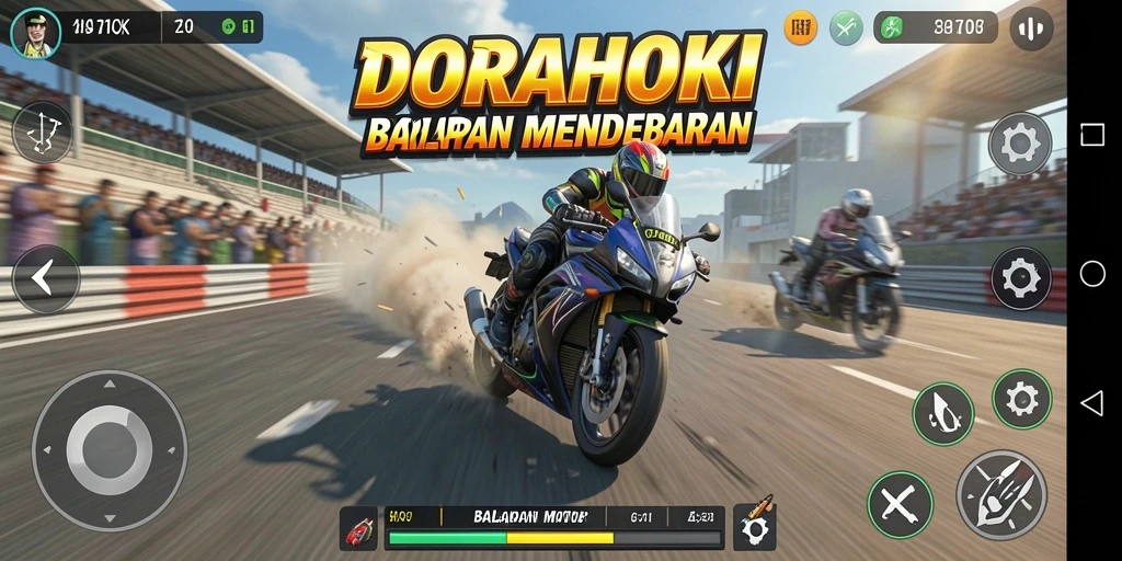 Screenshot gameplay DORAHOKI menampilkan balapan motor yang seru di lintasan.
