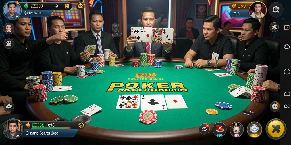 Screenshot utama EZ338 menampilkan gameplay poker yang mendebarkan.