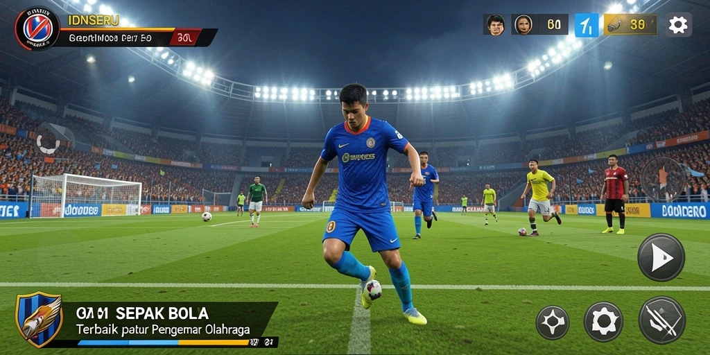 Tampilan gameplay utama dari IDNSERU dengan aksi sepak bola yang mendebarkan.