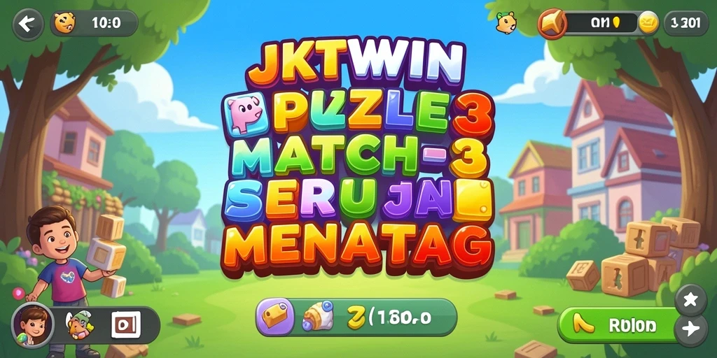 Screenshot gameplay JKTWIN menampilkan level Match-3 yang penuh warna.