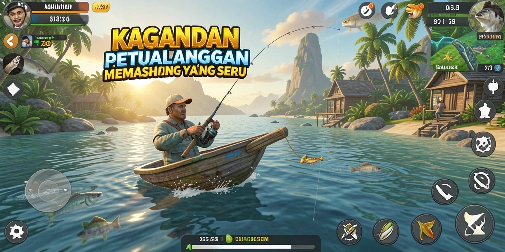 Gameplay seru saat memancing di KAGANDAN dengan bintang-bintang bersinar.