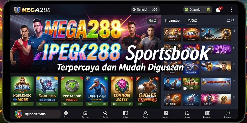 Gambar utama MEGA288 menampilkan antarmuka taruhan olahraga yang menarik dan interaktif.